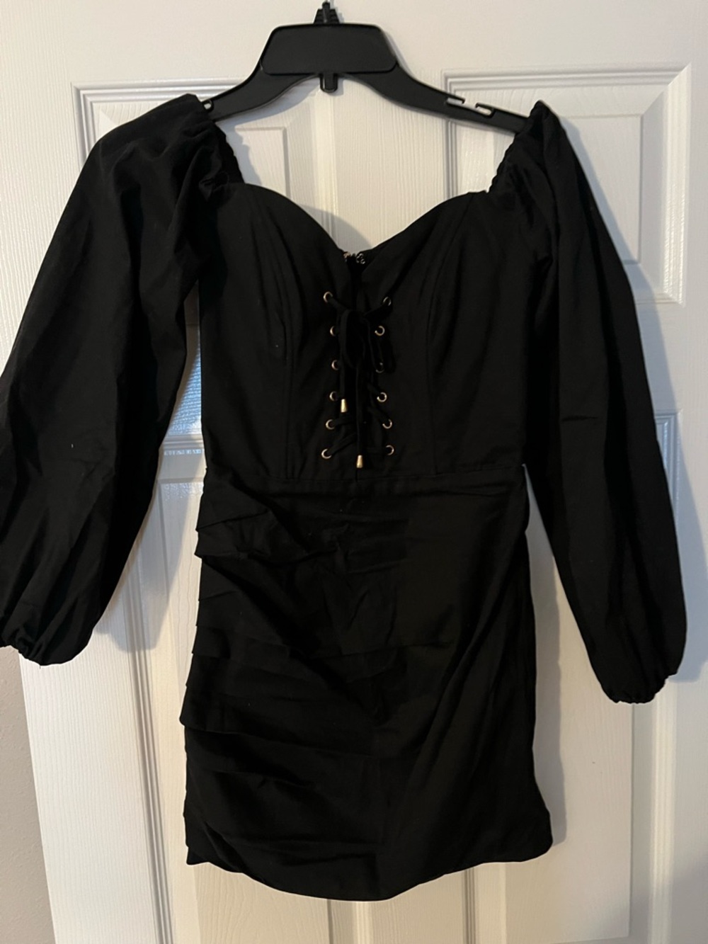 Oh Polly Black Lace-Up Puff Sleeve Mini Dress